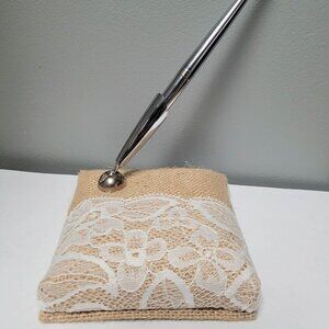 Pen & Pillow Set Wedding Guestbook Burlap White Lace Rustic Farmhouse Country